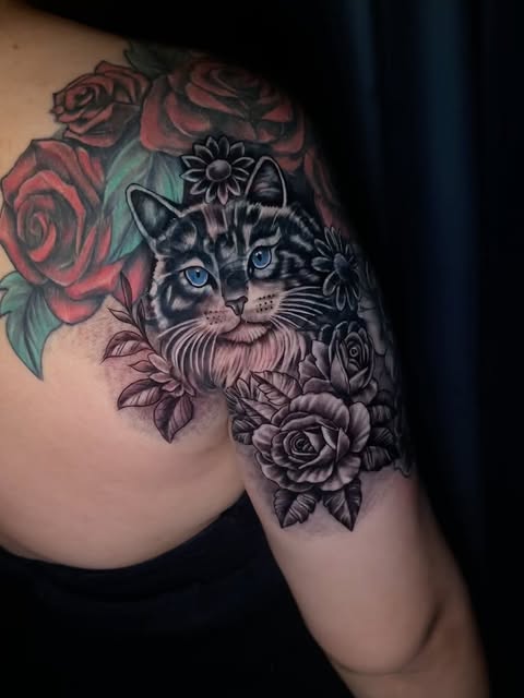 Colour shoulder tattoo of a cat surrounded by roses