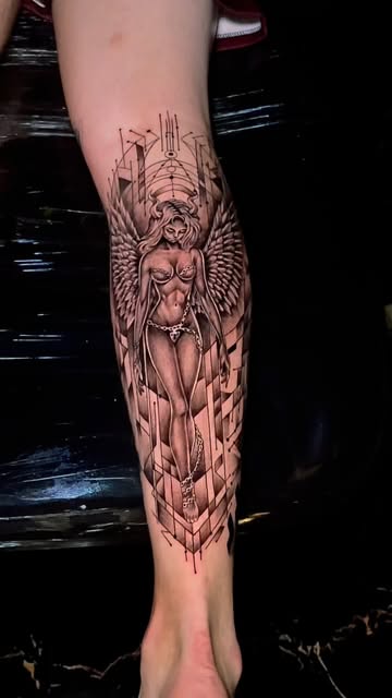 Winged figure tattooed on a lower leg
