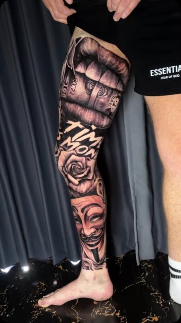 Leg sleeve with lettering, rose and mask motifs